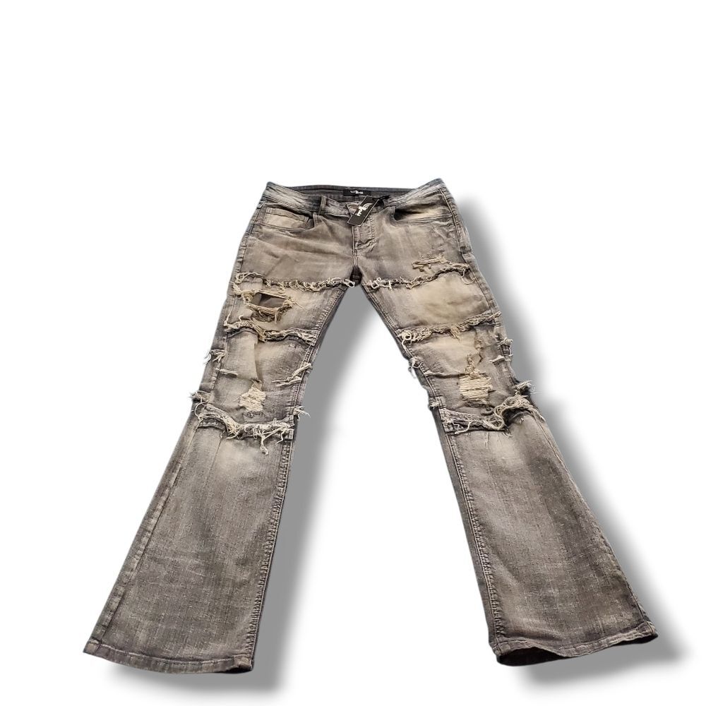 Bezalel Denim Distressed Flared Jeans Gray Washed Ripped Bell Bottom Size 36x34 - Picture 5 of 15
